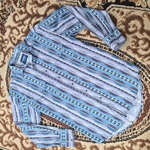 Wrangler Southwestern Striped Snap Shirt Western Cowboy Cowgirl Y2K Blue Gray